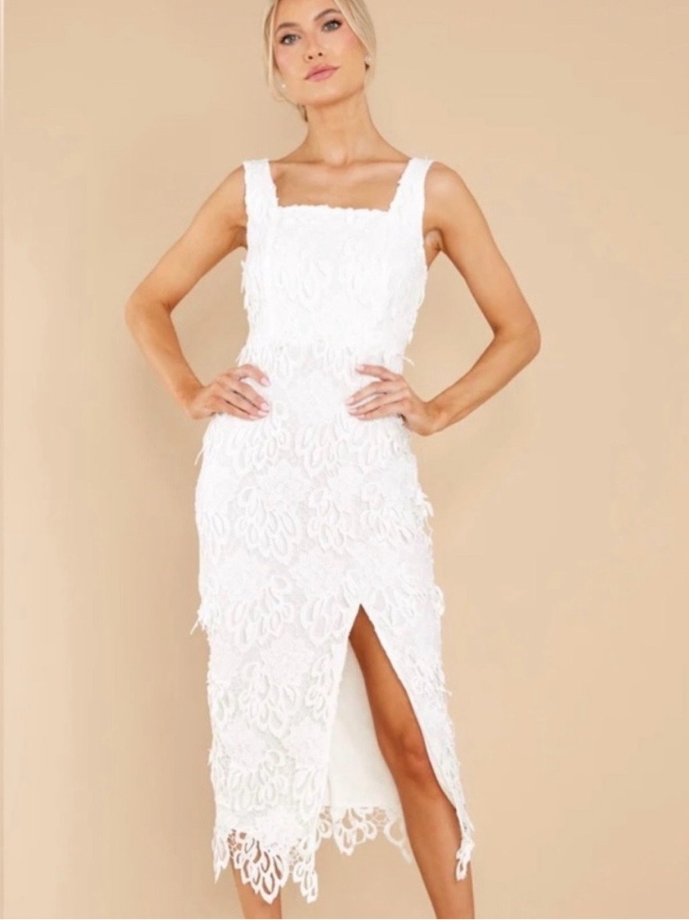 Elegant White Lace
Midi Dress with Front Slit. Size Small